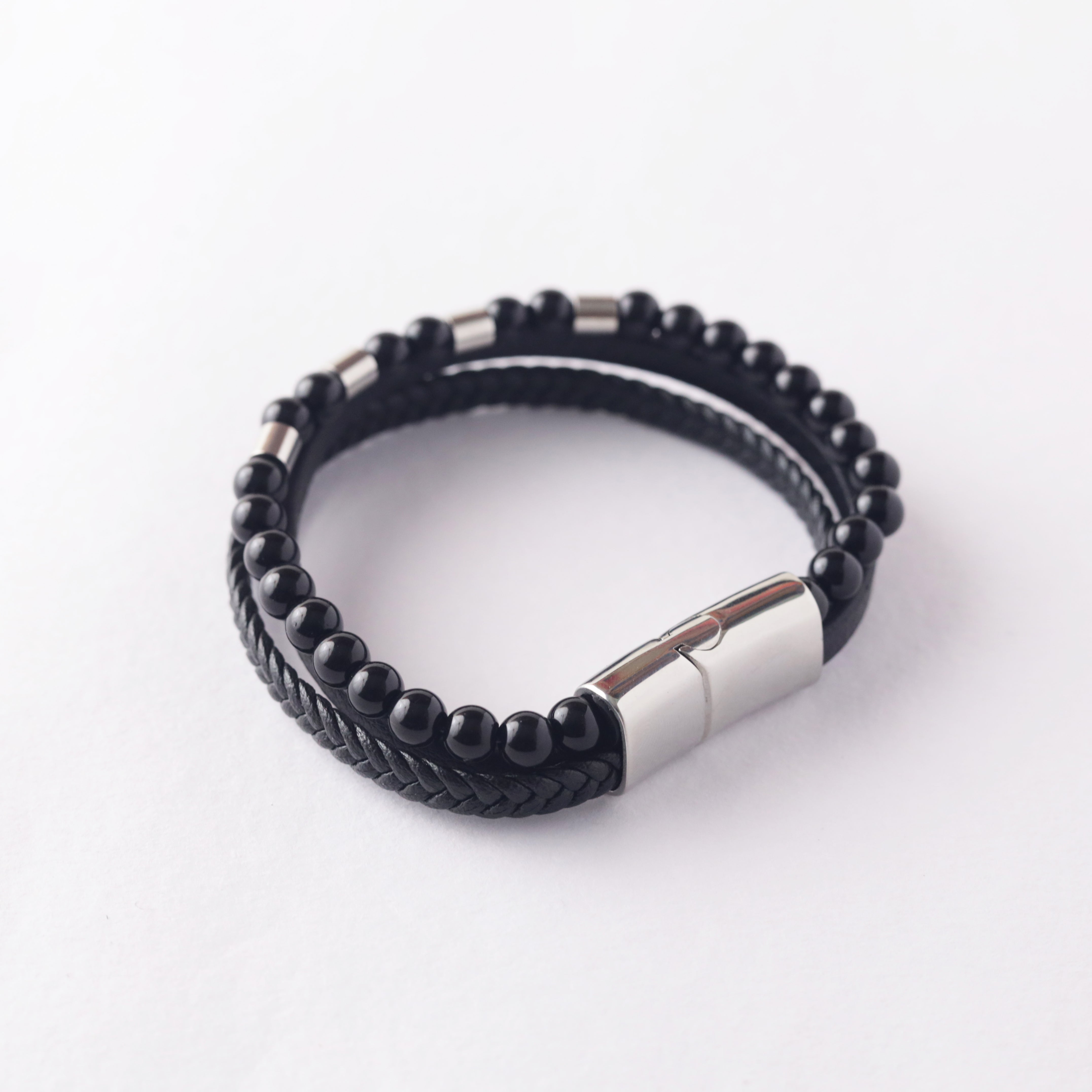 Men’s Black Leather & Stainless Steel Beaded Bracelet
