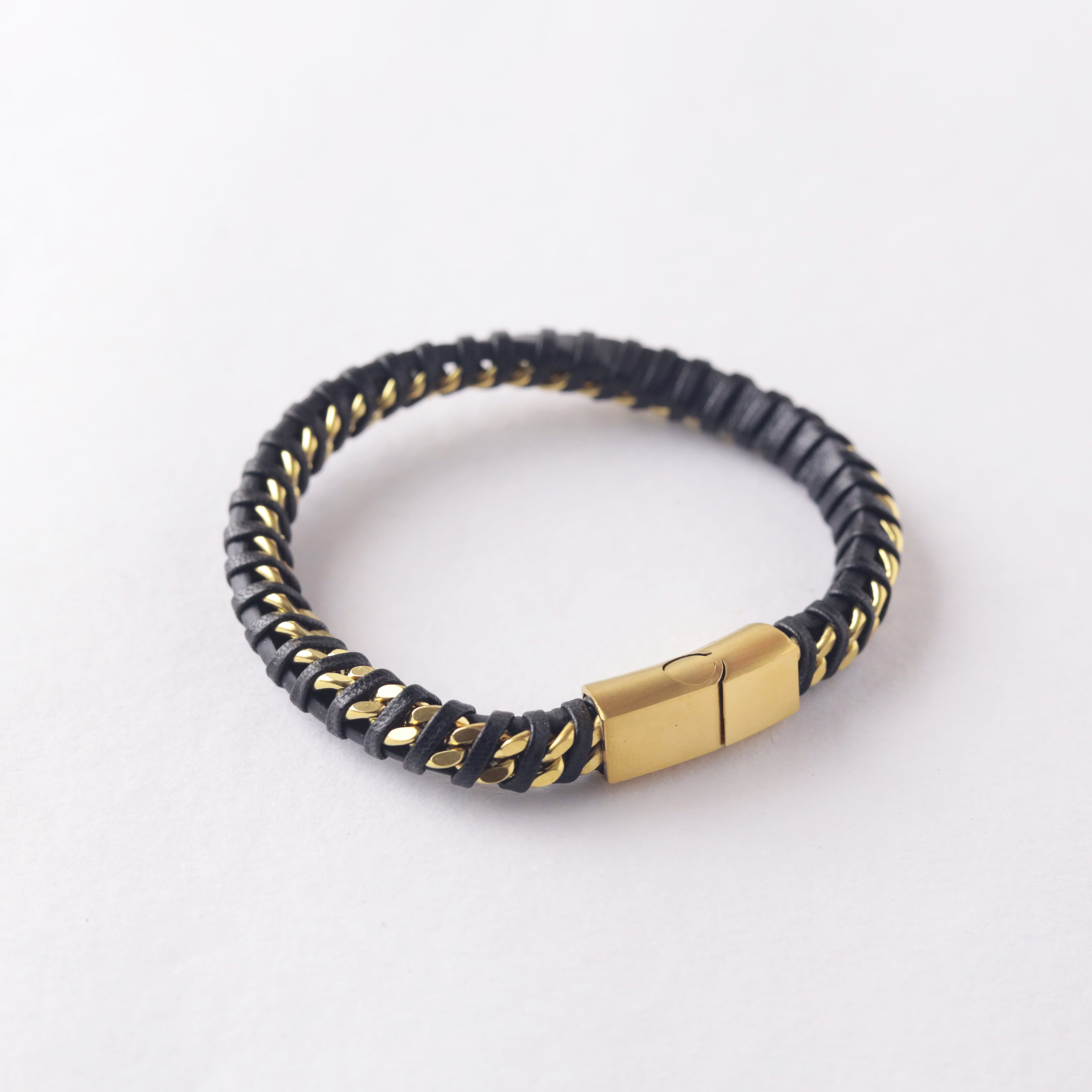 Men’s Black Leather & Gold Stainless Steel Chain Bracelet